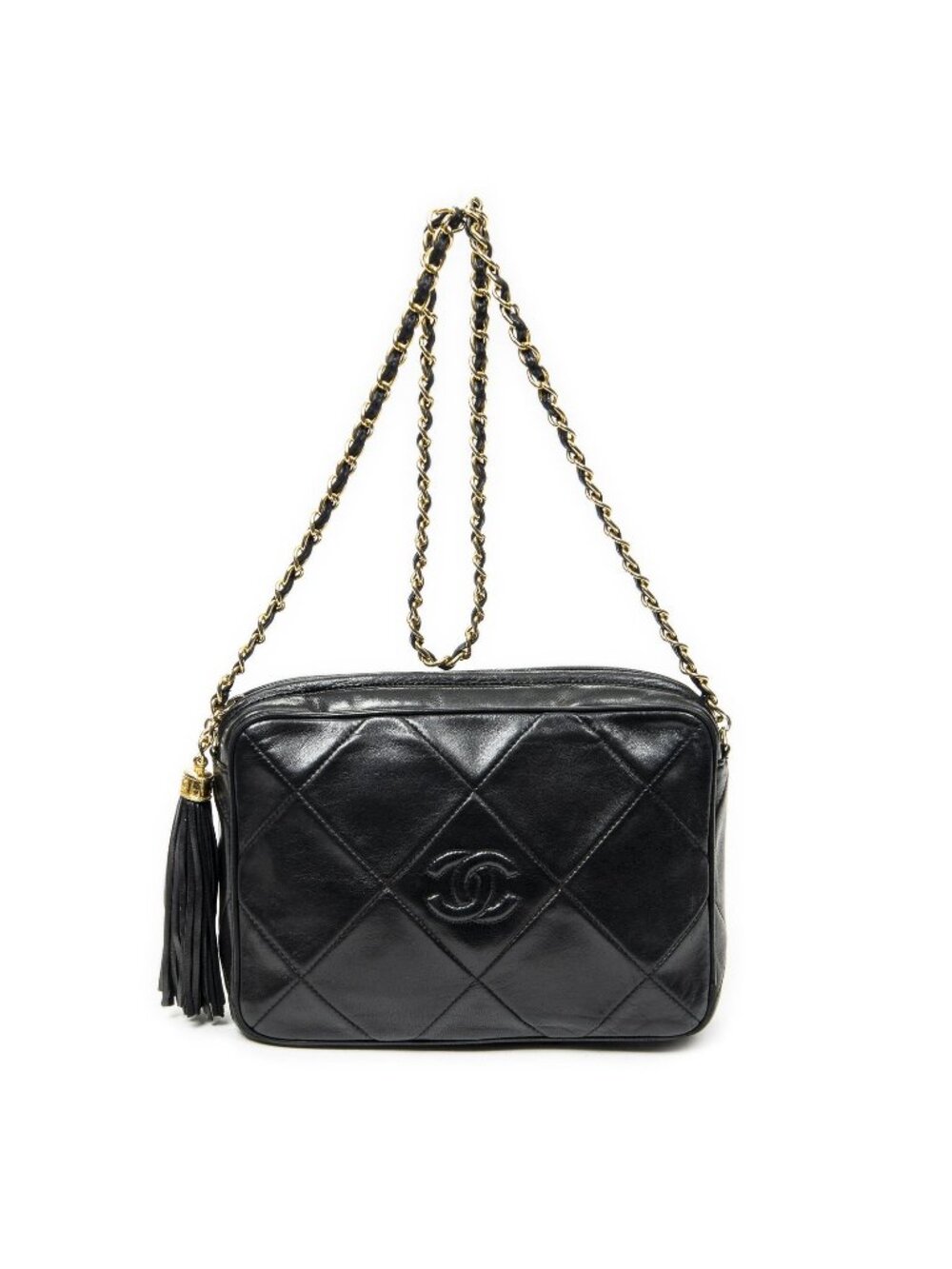 Chanel CC Tassel Camera Bag Black Quilted Lambskin Leather